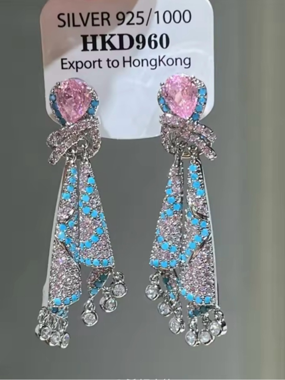 925 Sterling Silver Dangle/Drop tassel Earrings Pink & Blue Pear Stones 5cm